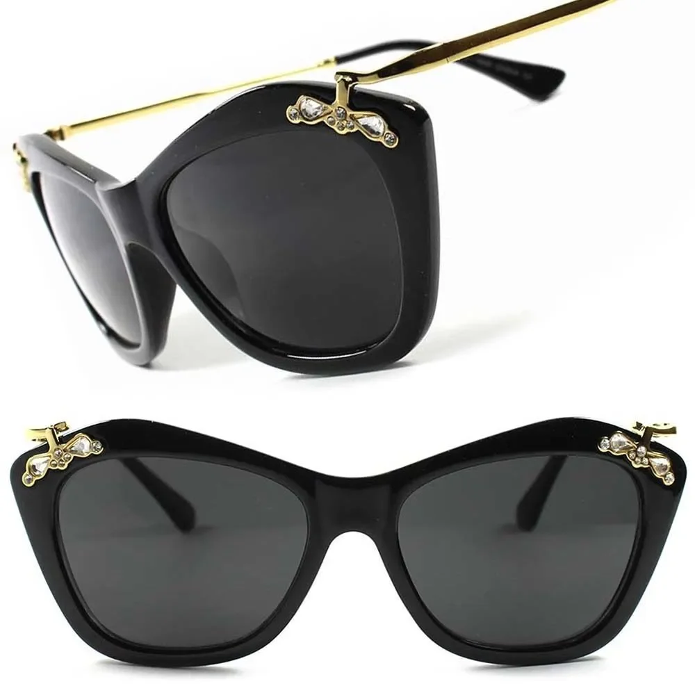 Gold Arm Hot Designer Vintage Retro Rhinestone Womens Cat Eye Sunglasses